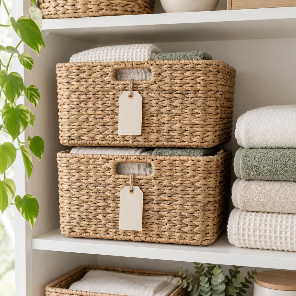 Two woven seagrass baskets with blank label tags on a white closet shelf