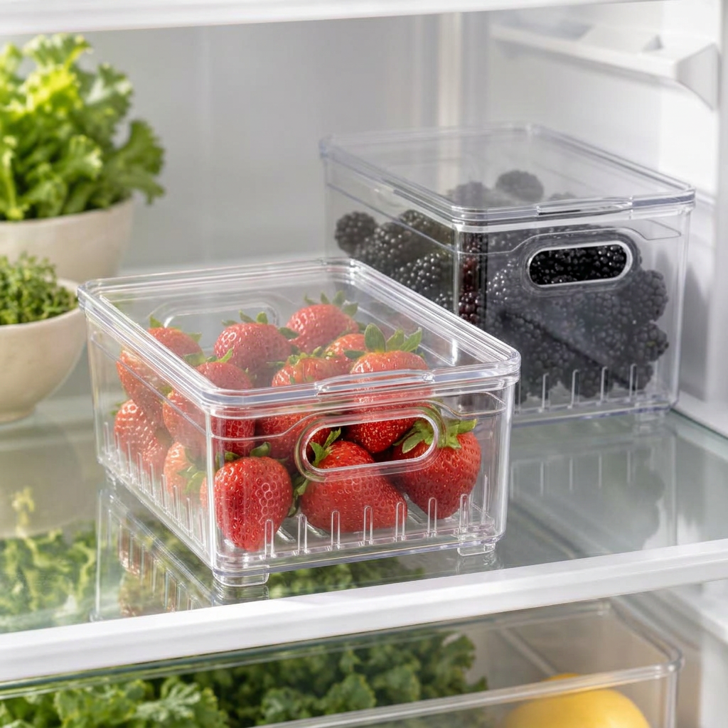Two all-clear acrylic refrigerator bins with fitted clear lids and oval cutout handles, holding strawberries and blackberries on a glass shelf