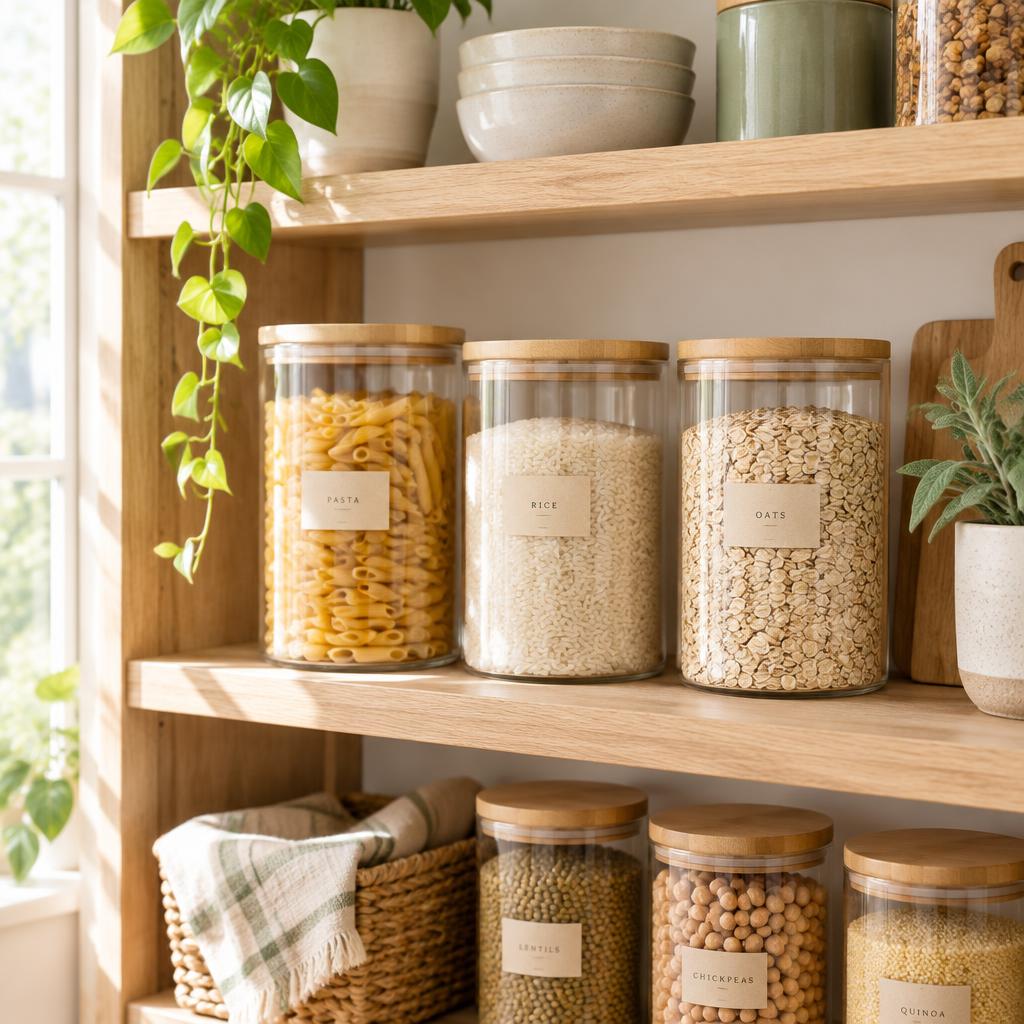 Glass canisters with bamboo lids holding pasta, rice, and oats on oak shelving