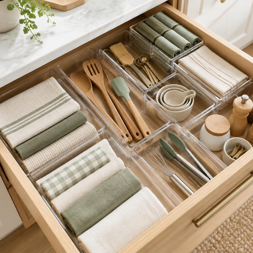 Clear acrylic dividers organizing folded linens and utensils inside an oak drawer