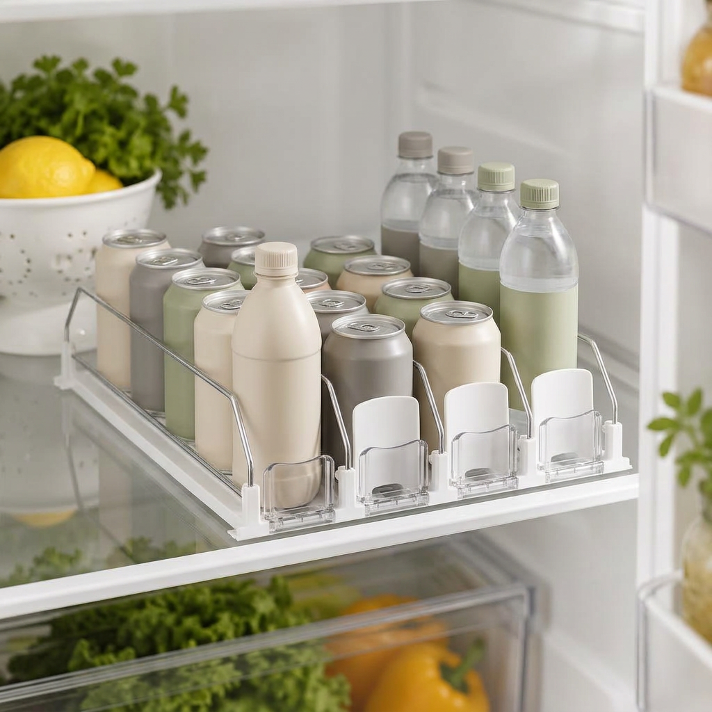 Wide five-lane refrigerator rack with chrome wire dividers and white pusher paddles holding upright cans and bottles on a glass shelf