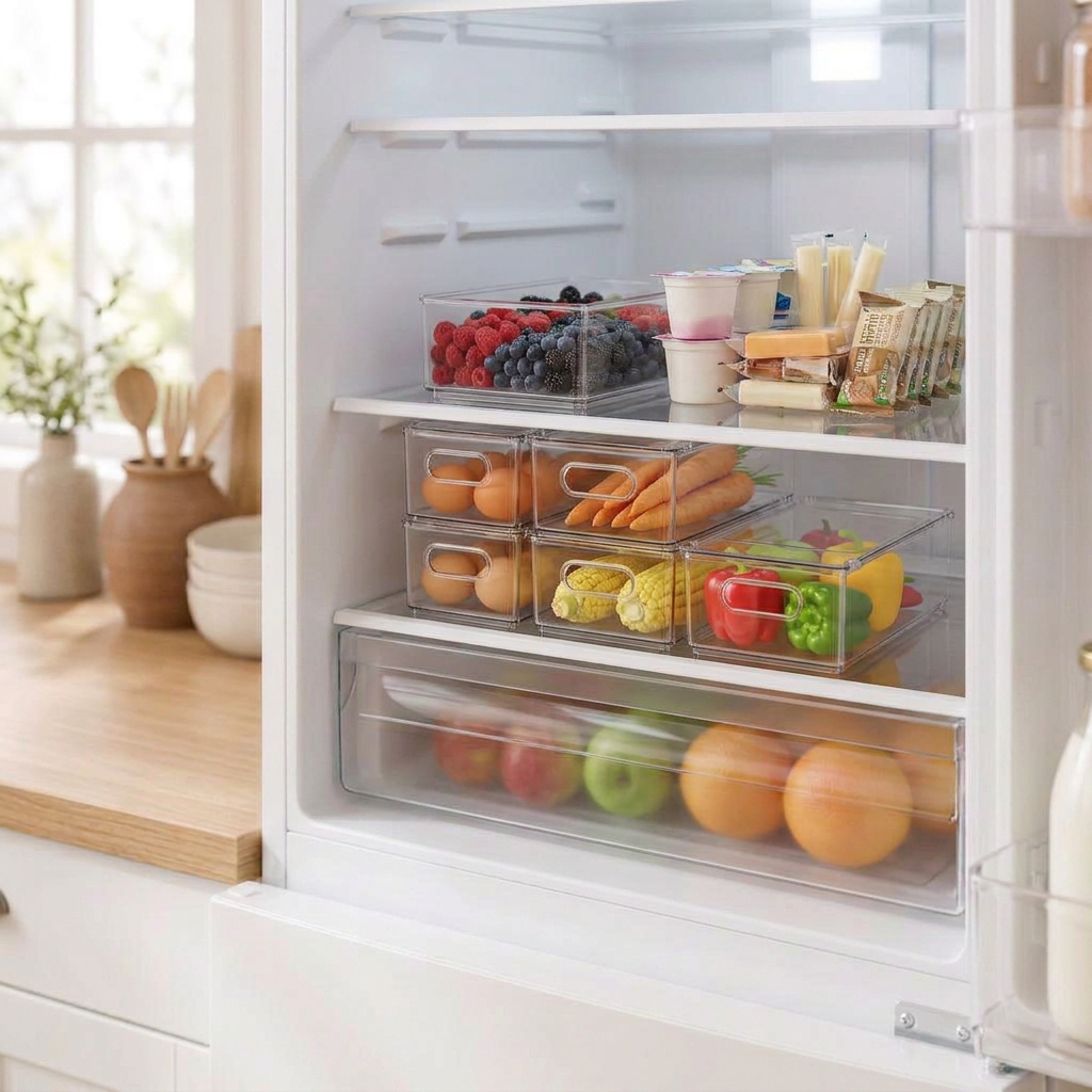 Small clear organizer bins resting on top of the refrigerator’s own shelves, holding apples, citrus, and berries