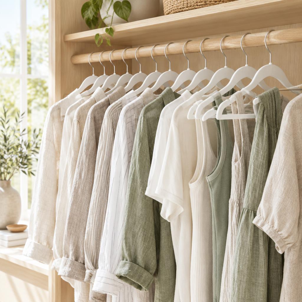 Slim white velvet hangers holding neutral shirts on an oak closet rail
