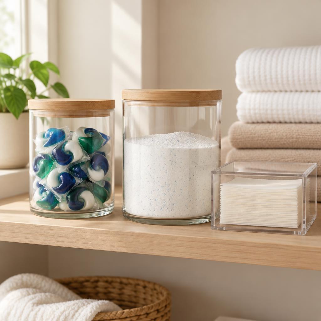 Two glass jars with bamboo lids holding laundry pods and powder detergent beside an acrylic dryer sheet holder