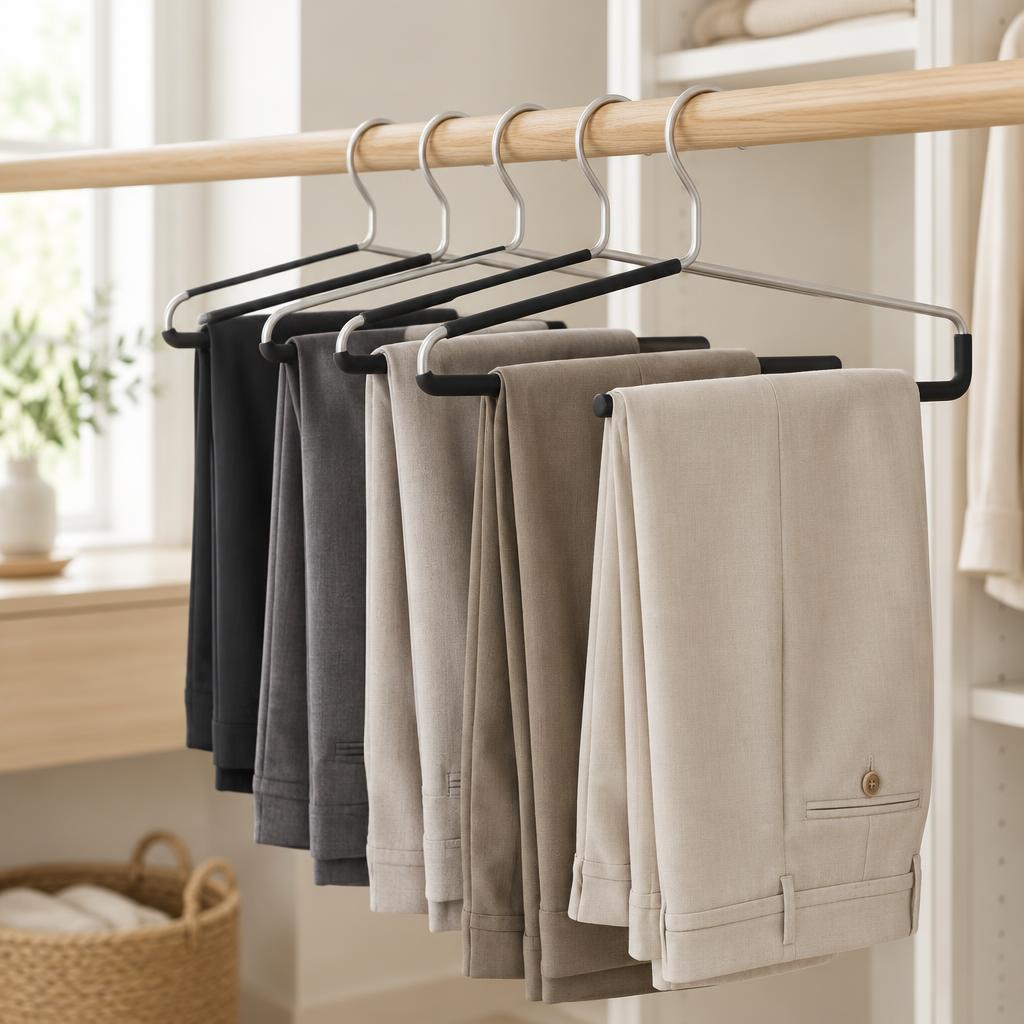 Black and silver non-slip metal trouser hangers with open-side bars holding folded slacks on an oak closet rail