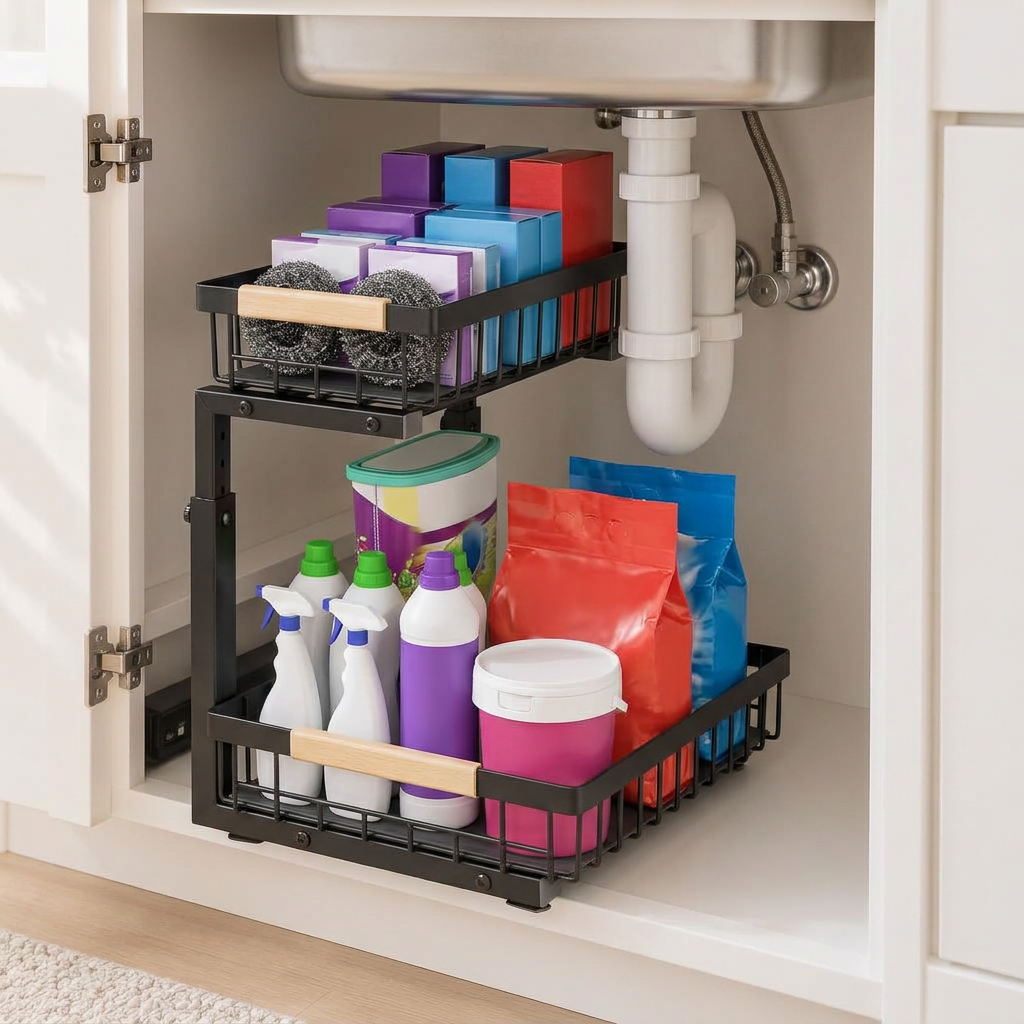 Black two-tier wire organizer with light wooden handles holding cleaning supplies on the cabinet floor beneath a kitchen sink