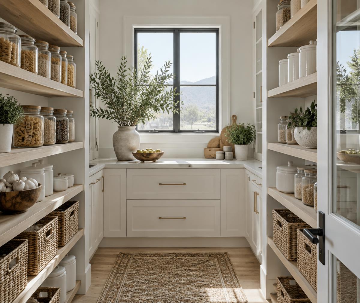 An organized pantry with glass jars, natural baskets, and oak shelving